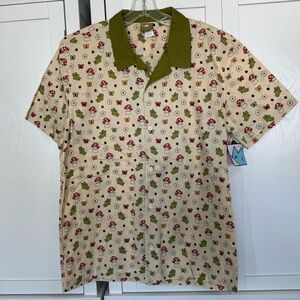 NWT Leon Karssen MushMush Button Up Shirt L Cream Frogs Mushrooms Short Sleeve